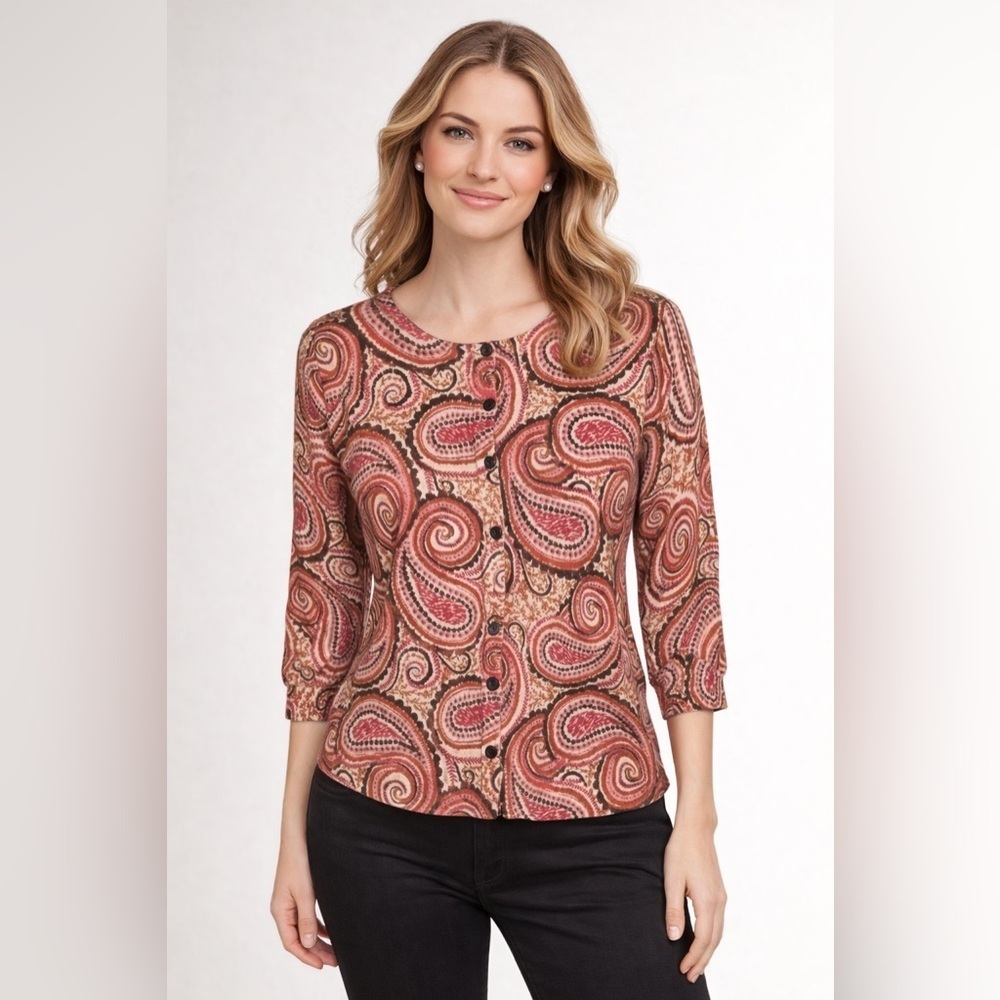 Talbots Cardigan Women L Petite Merino Wool Button Up Swirl Casual Core Cruise